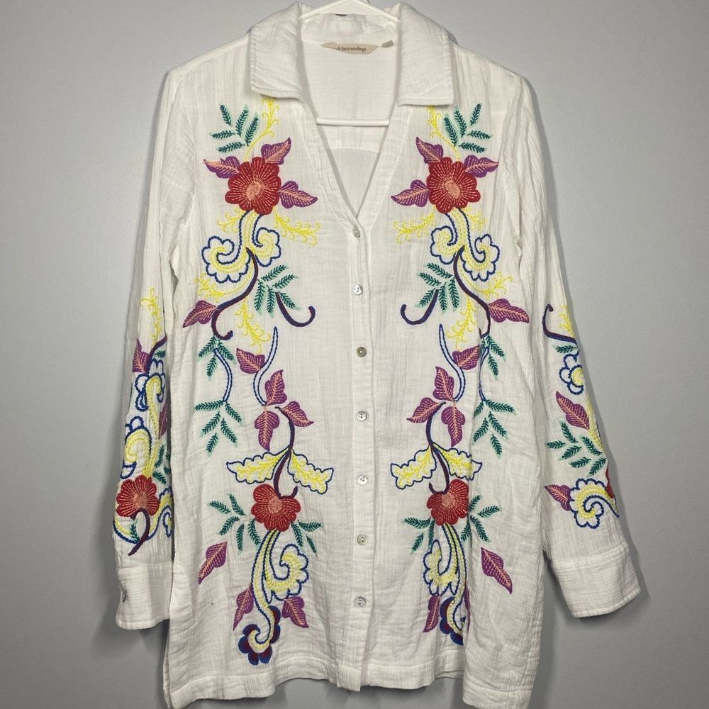 Soft Surroundings Boho Floral Embroidered Button Down Shirt Cotton